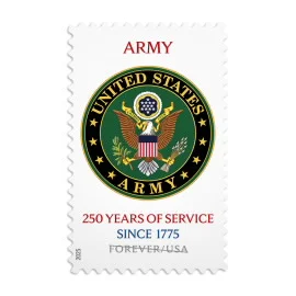 A grid panel of official U.S. Army stamps celebrating 250 years of service, each featuring the emblem and classic typography.