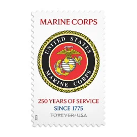 Commemorative U.S. Marine Corps postage stamp featuring the official emblem and text celebrating 250 years of service.